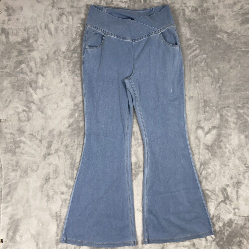Halara Women's Size L Wash Denim Casual Pants Stretch Crossover Waist Flared Leg